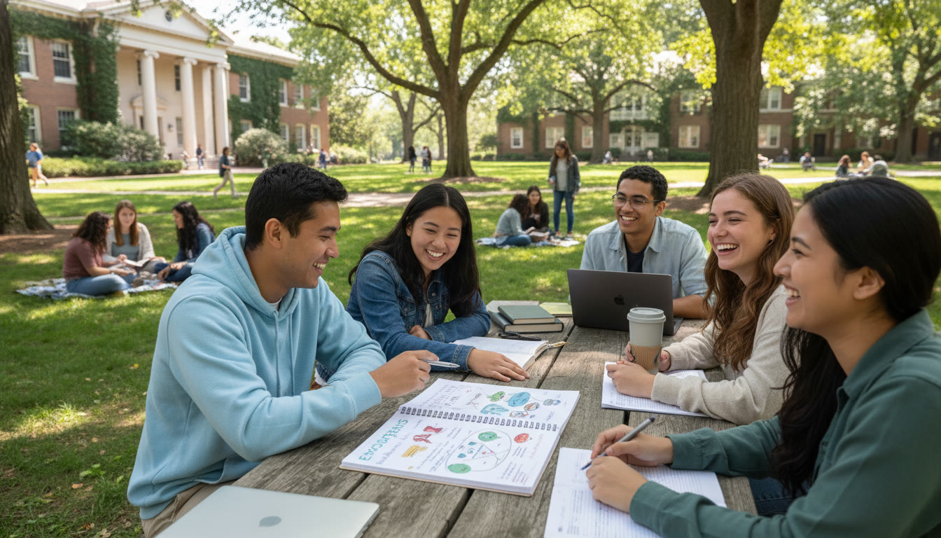 Photo Idea : A sunny campus quad with students chatting and studying outdoors, with visible greenery and a notebook open to notes about ecosystems — evokes college life and environmental curiosity.