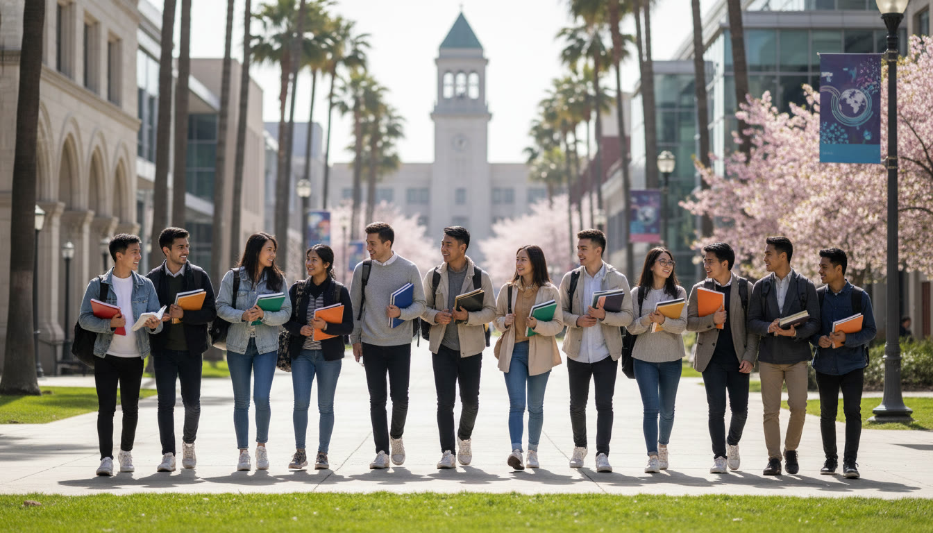 Photo Idea : A lively campus scene of international students walking between buildings with backpacks and notebooks, suggesting global aspiration and campus life at a leading university.