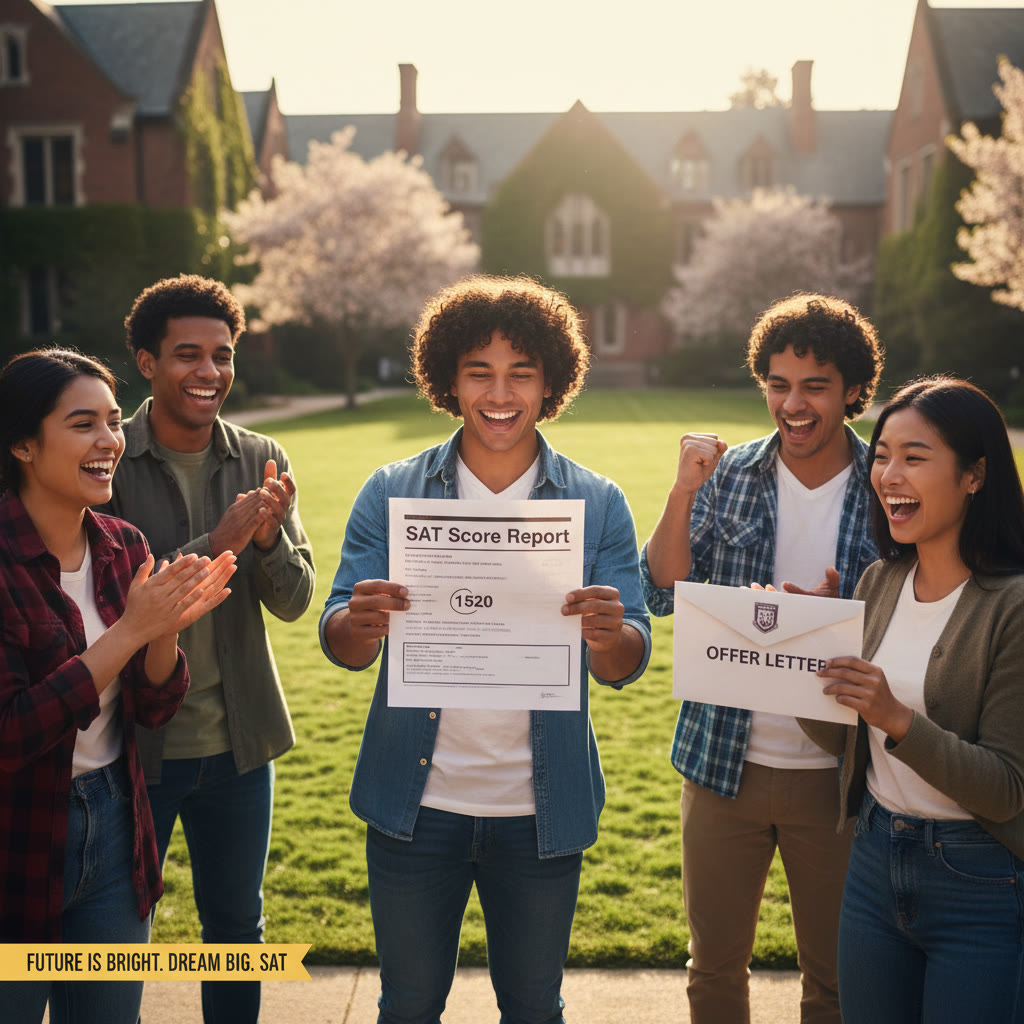 Photo Idea : A small group of students celebrating an offer letter, one showing a printed SAT score report; warm campus backdrop, genuine smiles.