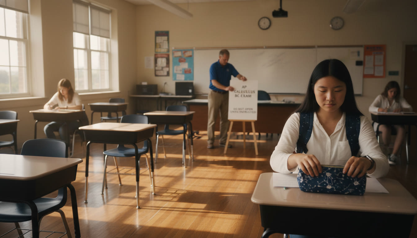 Photo Idea : A calm, sunlit classroom with rows of desks spaced evenly; a student placing a pencil case on the desk while a proctor sets a sign on the front table. This photo conveys an orderly, reassuring testing atmosphere.