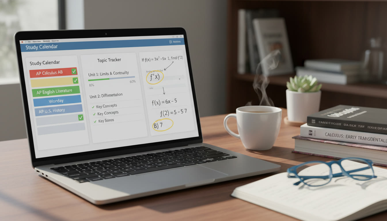 Photo Idea : A neat digital dashboard on a laptop screen showing a study calendar, topic tracker, and sample AP practice question with annotations. Natural desk light and a coffee cup to convey focused study.