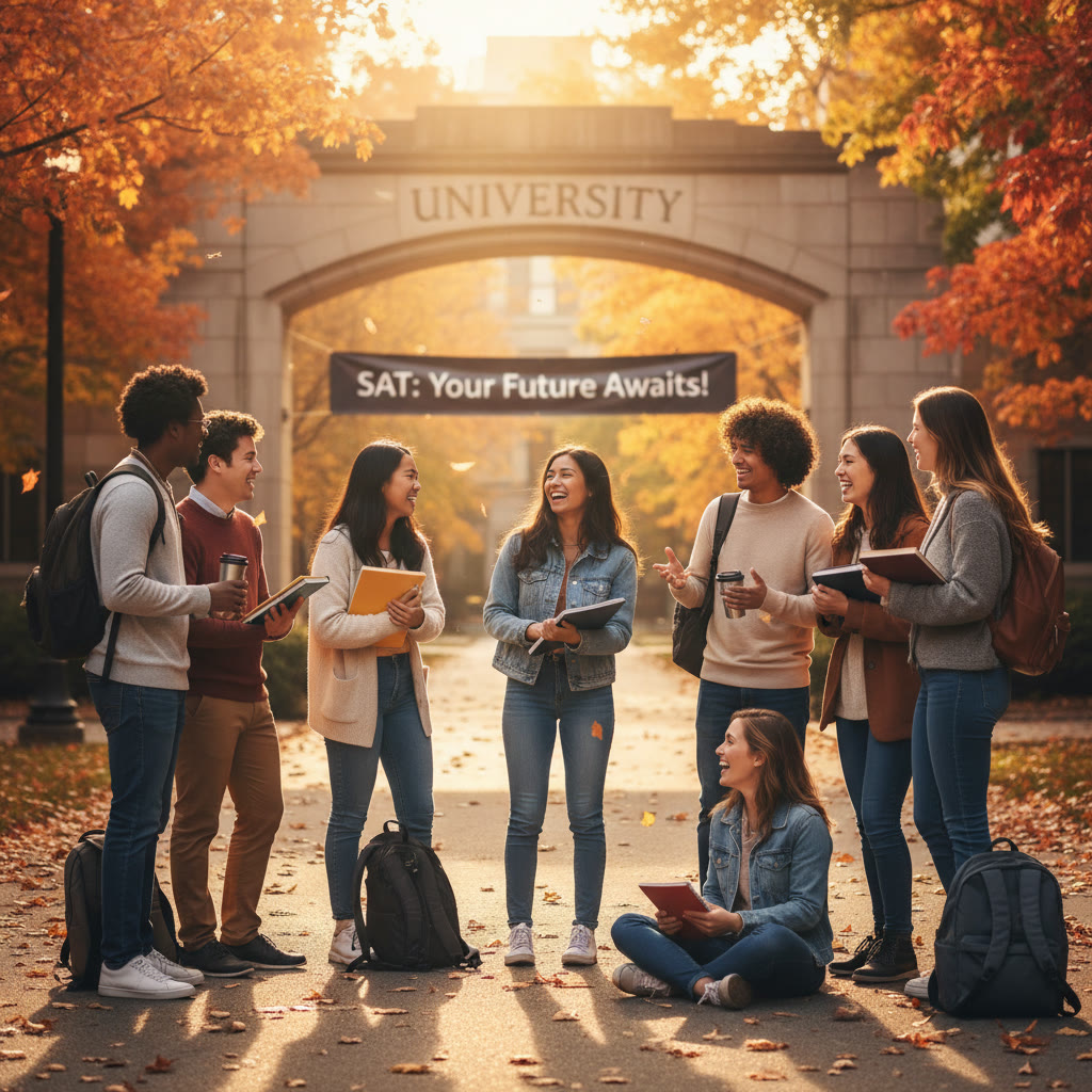 Photo Idea : A joyful photo of a diverse group of students on a college campus quad in autumn — relaxed, chatting, carrying backpacks. Warm, candid moment to convey community and belonging.