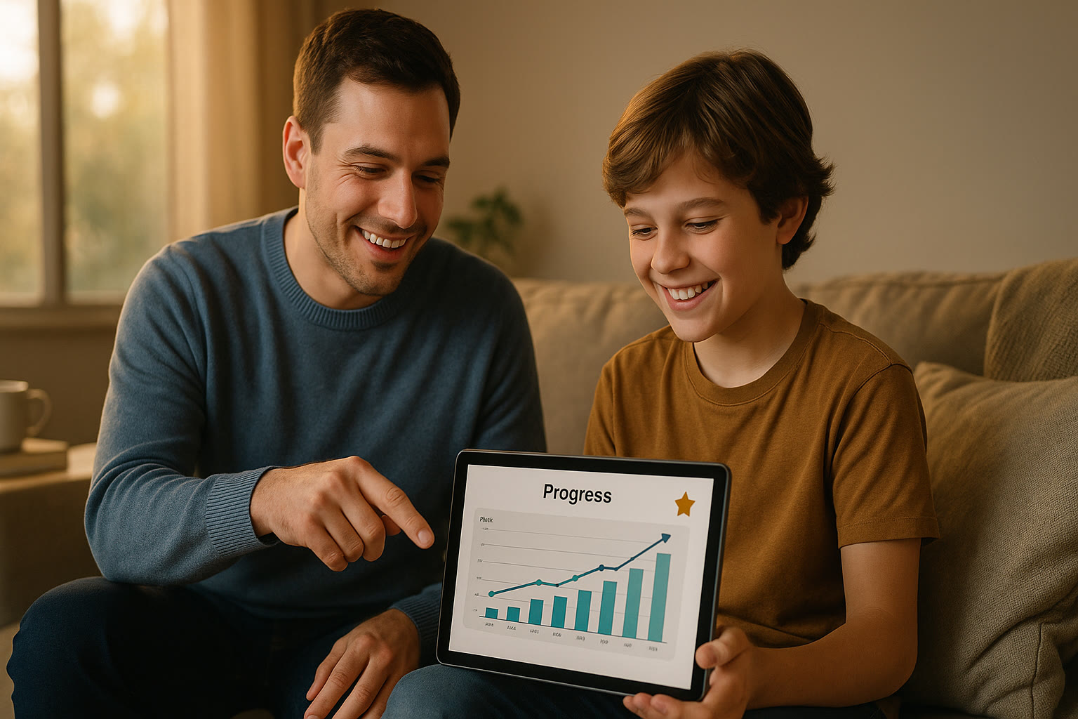 Photo Idea : A mid-article image suggestion of a tutor and student in a cozy home setting using a tablet, both smiling as they review the student's progress chart, illustrating personalized, encouraging tutoring.