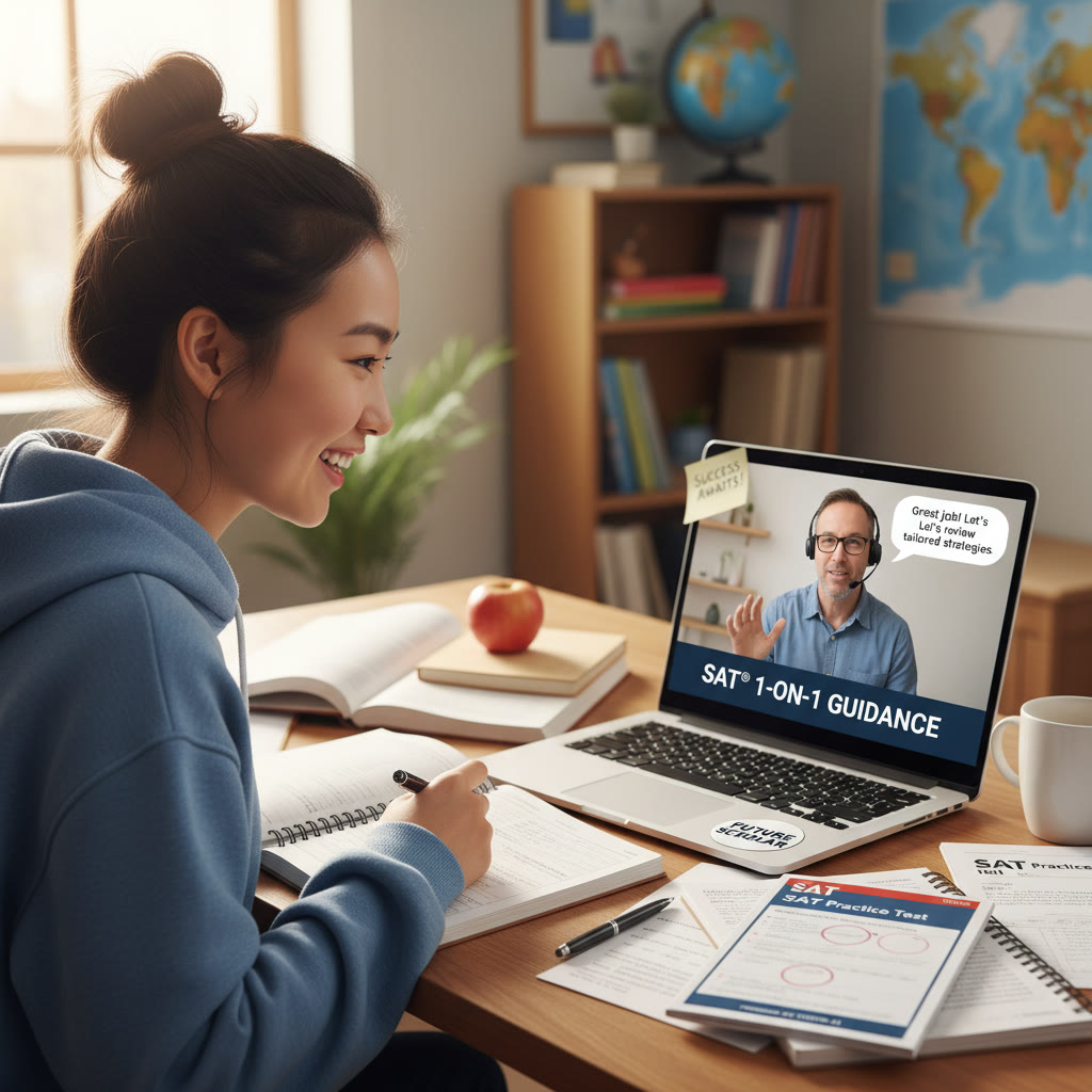 Portrait-style image idea: an international student studying on a laptop with a virtual tutor visible on screen, notes and practice tests spread out — emphasizes 1-on-1 guidance and tailored study plans.