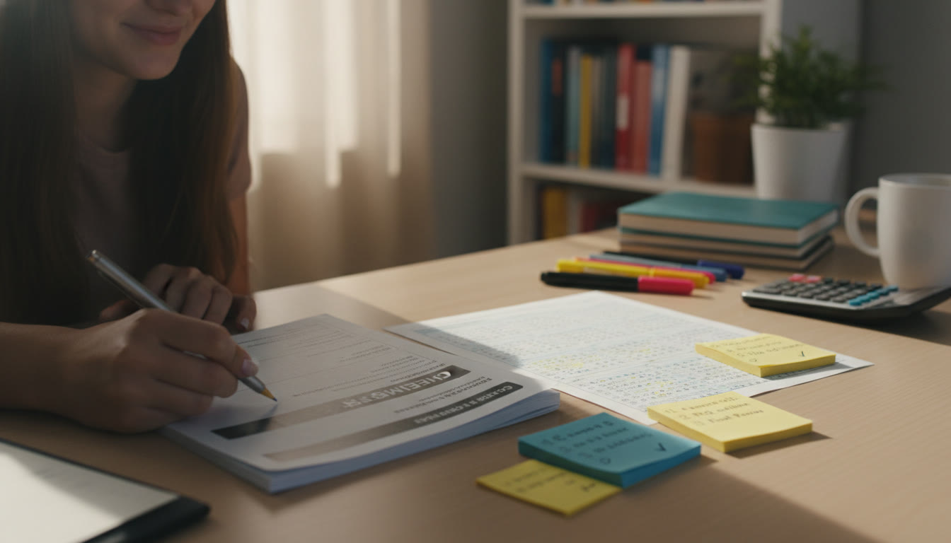 Photo Idea : Close-up of a tidy desk at the end of an AP study session: completed booklet with a corner folded, a checked answer sheet, sticky notes with transcription checklist visible. Convey the calm satisfaction of a student who executed their plan well.