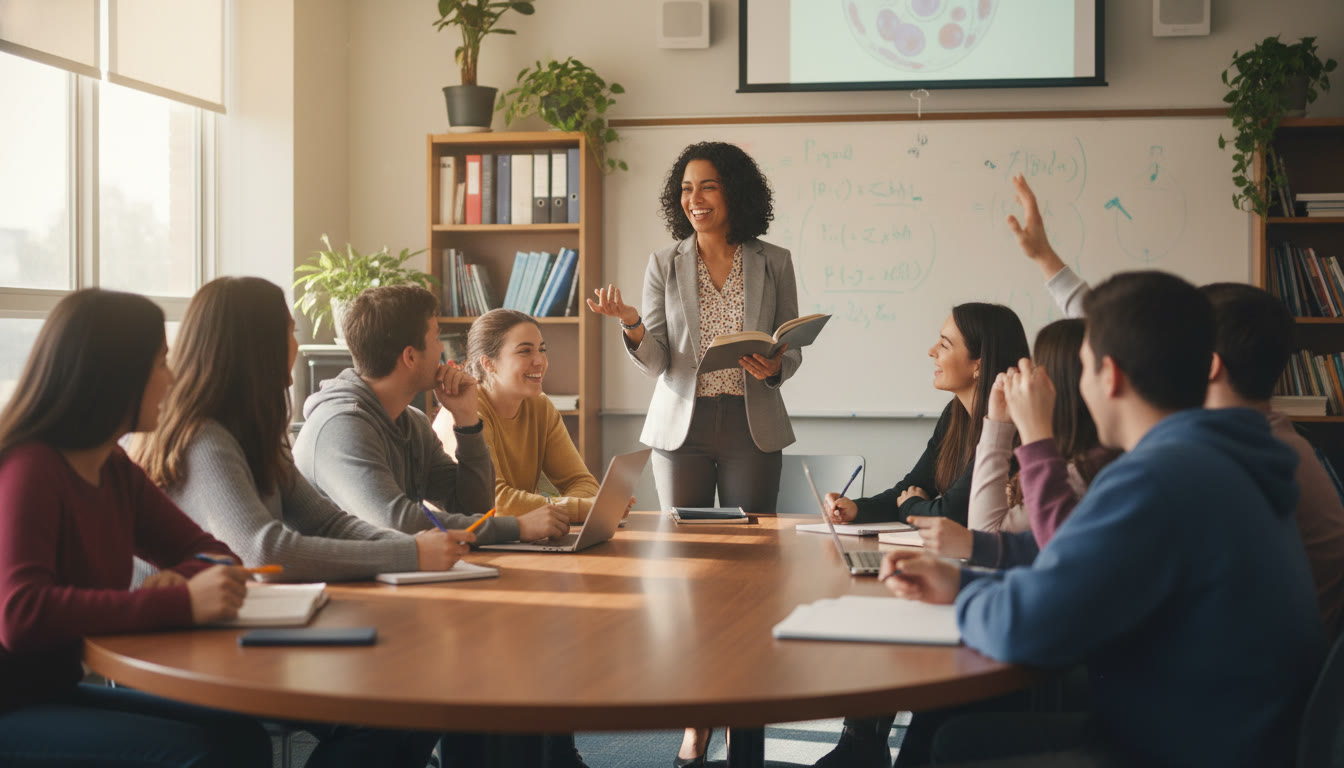 Photo Idea : A small classroom seminar with a faculty member leading a lively discussion and students taking notes — illustrates why some students opt to take college courses even with AP credit.