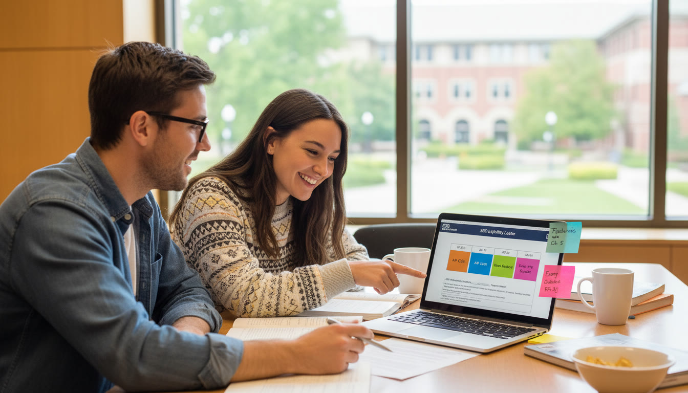 Photo Idea : A student and tutor working together at a table with a laptop showing a study plan, sticky notes, and a printed SSD Eligibility Letter—illustrating partnership and planning.