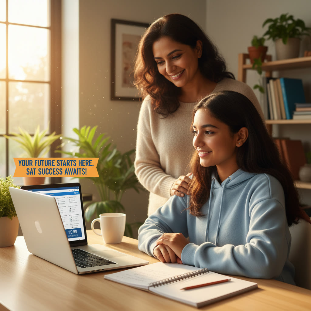 Photo Idea : A calm, focused student sitting at a desk with a laptop open to digital practice SAT questions, a notebook beside them, and a parent looking on supportively.