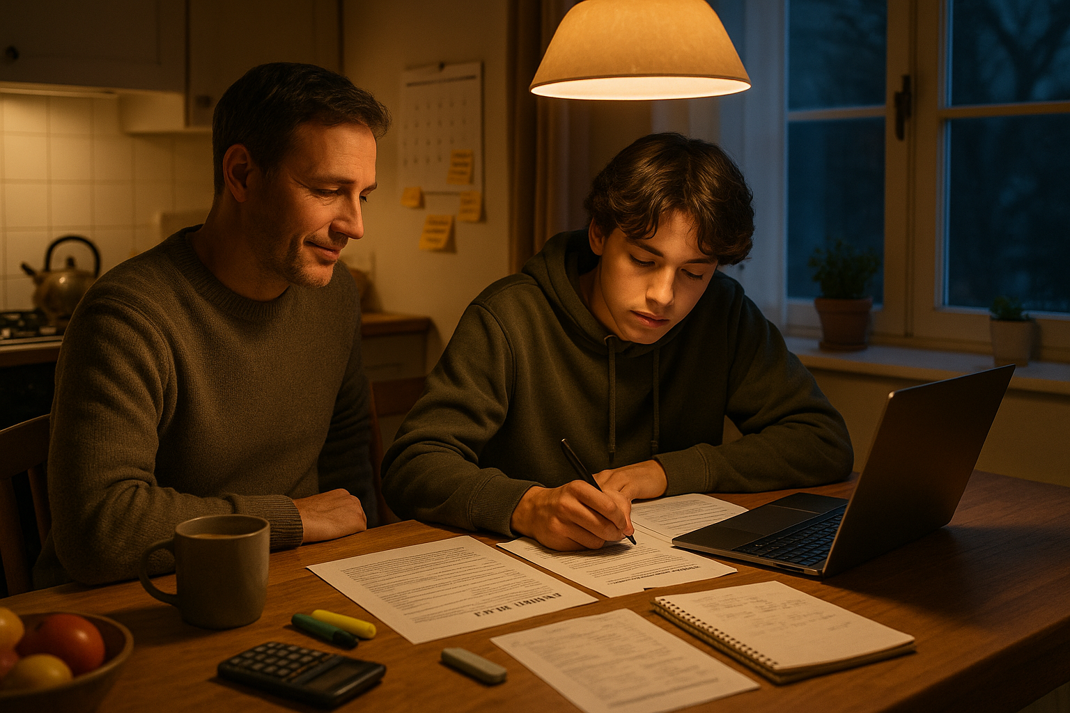 Photo Idea : A calm kitchen scene at dusk with a parent and teen working side-by-side on a laptop and practice test materials, warm lighting, coffee mug, and a wall calendar showing application deadlines.