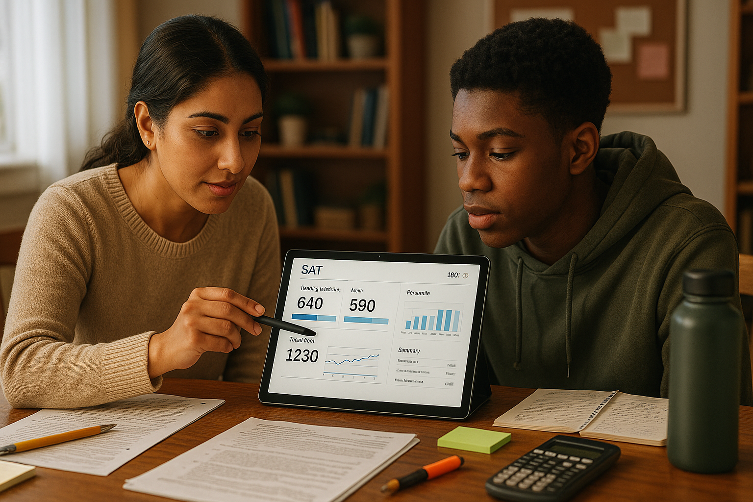 Photo Idea : A study session scene with a tutor and student reviewing a digital SAT report on a tablet, notes and practice tests spread out, showing collaboration and focus.