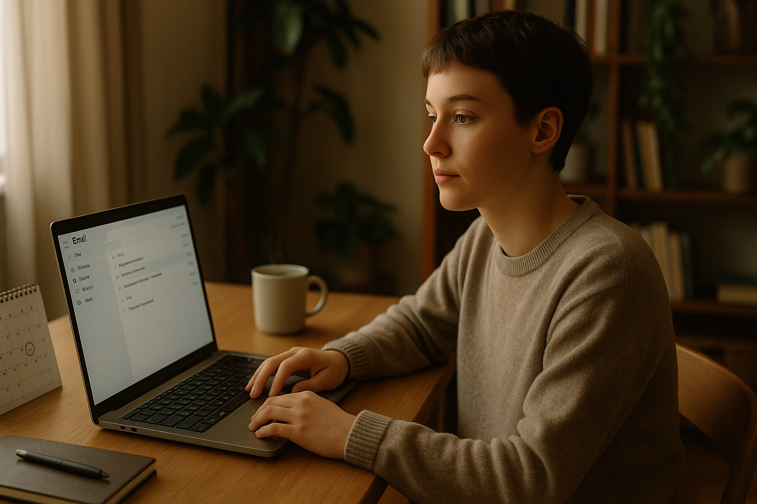 Photo Idea : A calm student checking their email on a laptop with a calendar and a cup of coffee nearby — emphasizing the 'waiting but staying prepared' mood.
