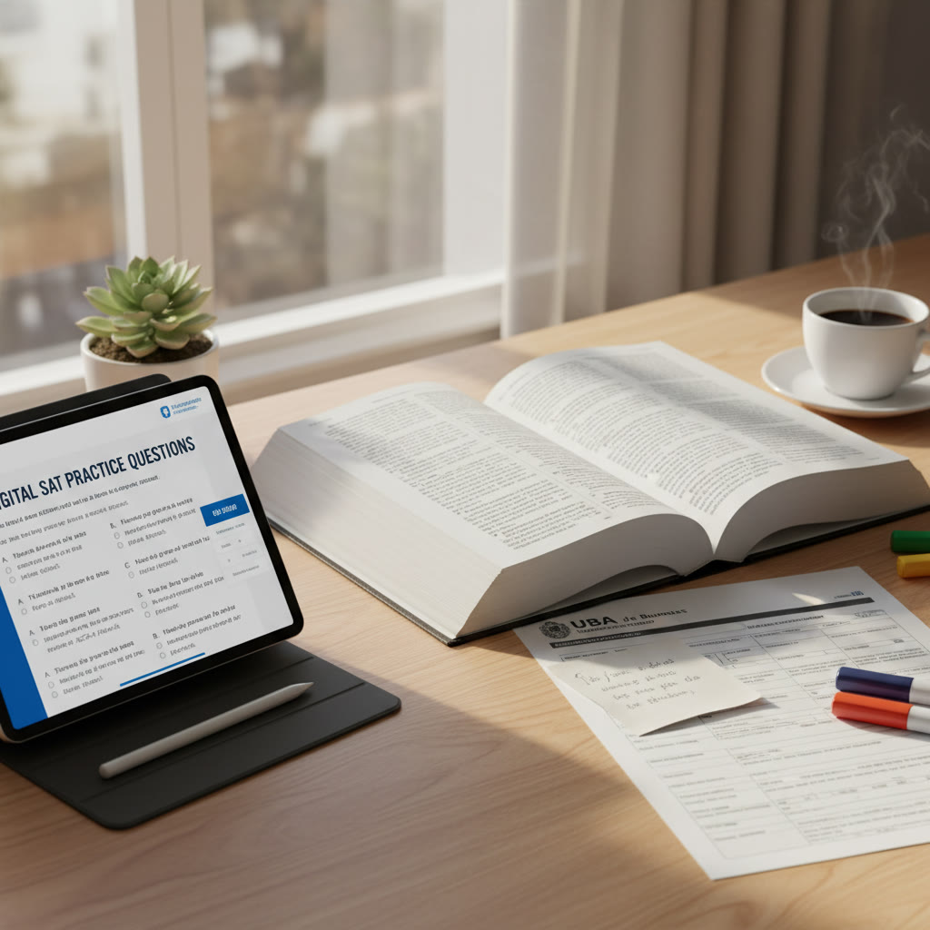 Photo Idea : A focused desk scene with a Spanish-English dictionary, a printed UBA application form, and a tablet showing Digital SAT practice questions — a visual of bridging both systems.