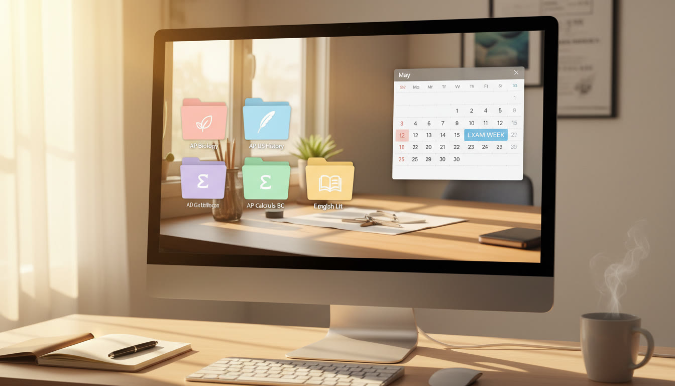 Photo Idea : A tidy digital desktop with folders labelled by course (AP Biology, AP US History) and a calendar showing exam week. Clean, warm lighting to evoke calm and control.