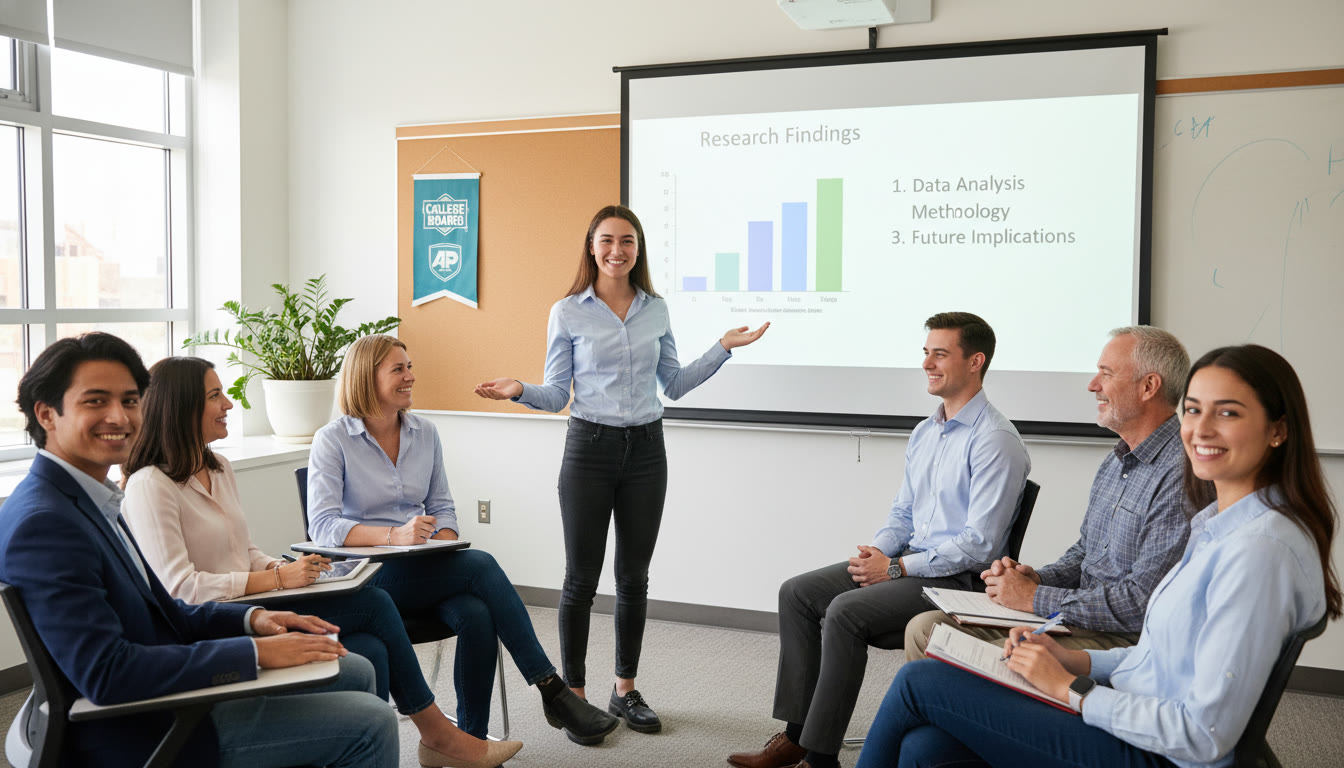 Photo Idea : A student presenting to a small group with a simple slide showing a graph and bullet points — conveys confidence in the research defense.