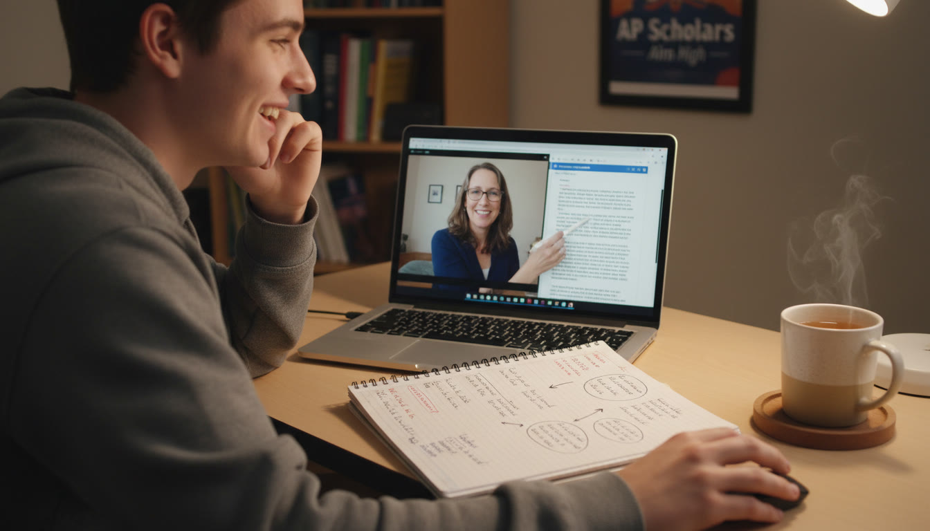 Photo Idea : A student receiving a quiet, focused tutoring session online—laptop screen with a tutor pointing at a paragraph, a notebook with margin annotations, and a mug of tea nearby. This should illustrate the benefit of brief, targeted one-on-one guidance like Sparkl’s personalized tutoring.