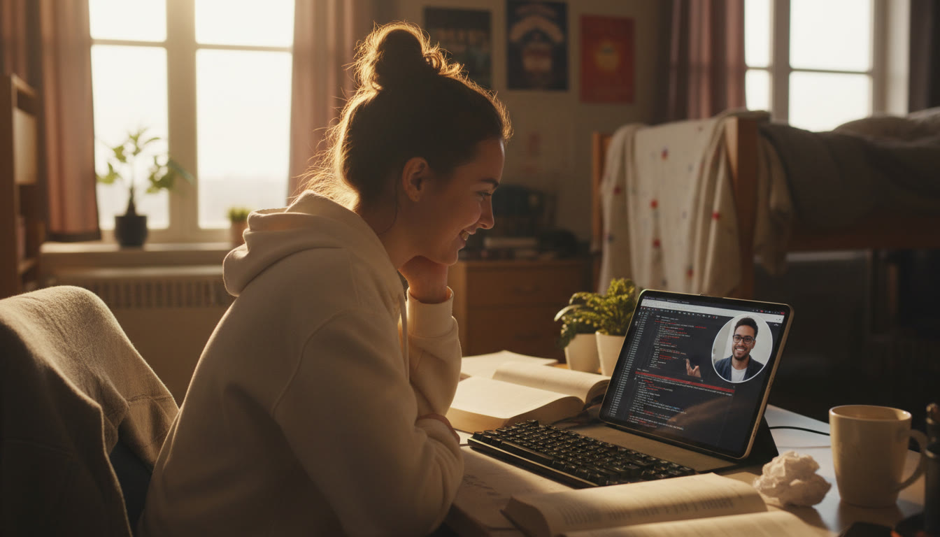 Photo Idea : A student reviewing an error log on a tablet with a tutor video call visible in the corner—shows focused work and human support, warm tones.