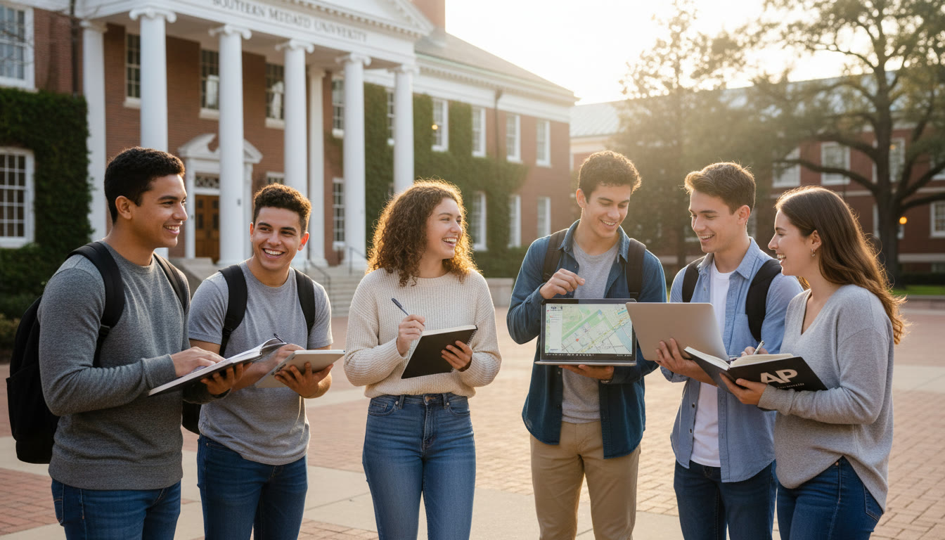 Photo Idea : A diverse group of high school students standing in front of a college campus building, holding notebooks and laptops, looking optimistic and engaged—captures the aspirational energy of applying to SMU.