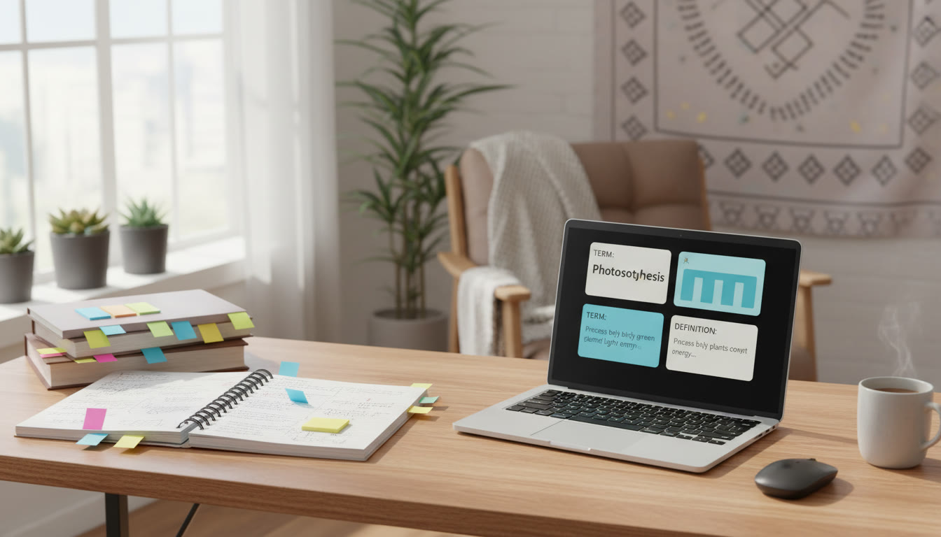Photo Idea : A bright study nook with a notebook open, colored sticky tabs, and a laptop displaying flashcards—conveys organized, active study.