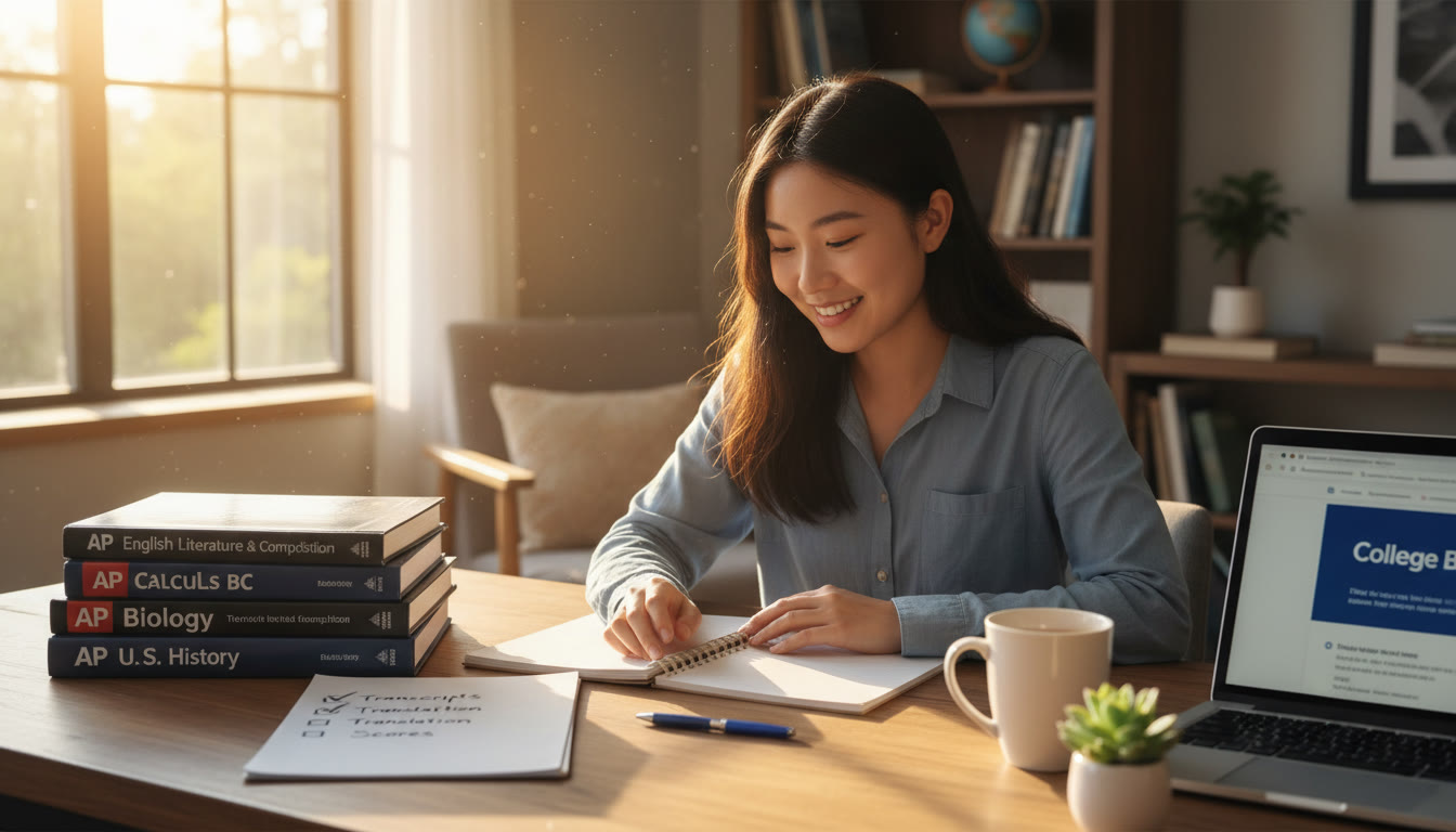 Photo Idea : A calm student at a desk in a well-lit room surrounded by AP textbooks and a checklist labeled “Transcripts, Translation, Notary, Scores.” The image conveys organization and focus during late-afternoon study.