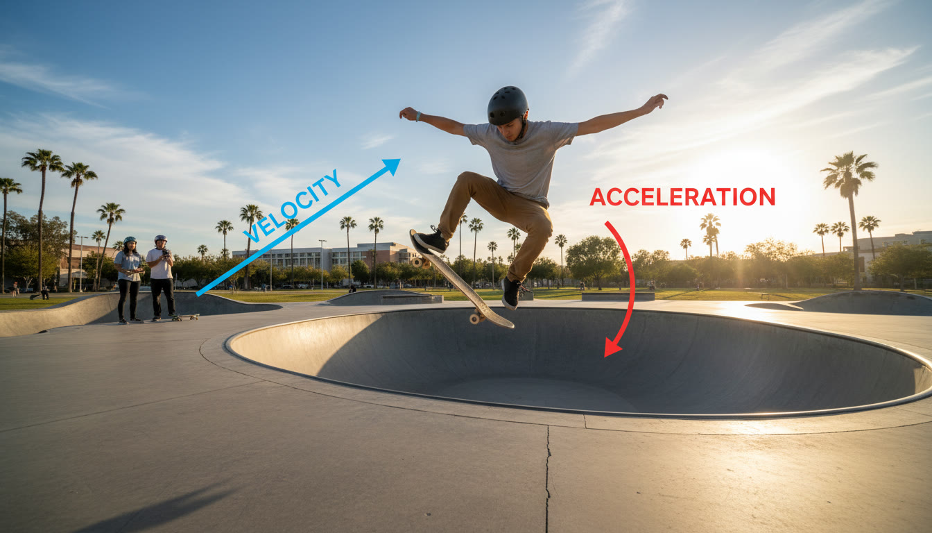 Photo Idea : A simple, evocative shot of a skatepark ramp with a skater mid-jump and vector overlays showing velocity and acceleration directions — visualizes dynamics in the real world.