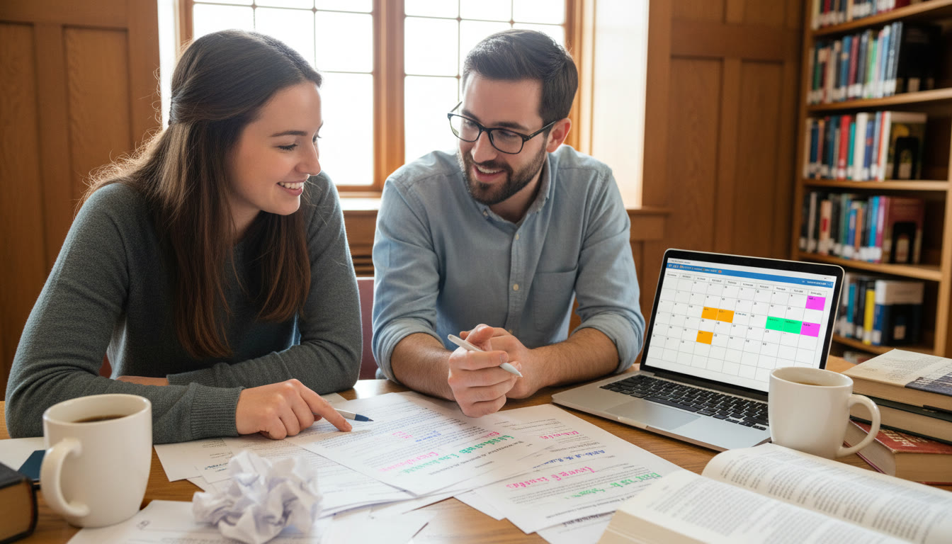 Photo Idea : A student in mid-discussion with a tutor over an annotated DBQ, pages spread out with color-coded notes and an open laptop showing a study plan — conveys personalized tutoring and active preparation.