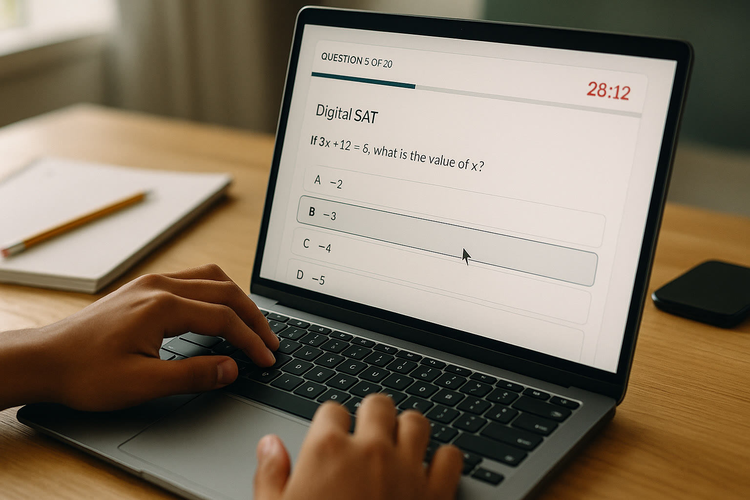 Photo Idea : Close-up of a student’s hands navigating a Digital SAT practice interface on a laptop, with a timer visible on the screen.