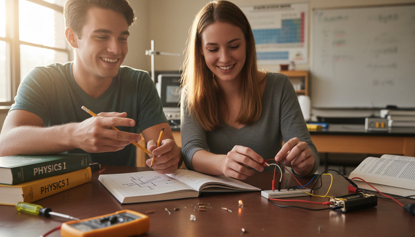Photo Idea : A collaborative scene of two students sketching a free-body diagram and wiring a simple circuit on a lab bench—shows teamwork, hands-on lab work, and the fusion of mechanics and E&M study.