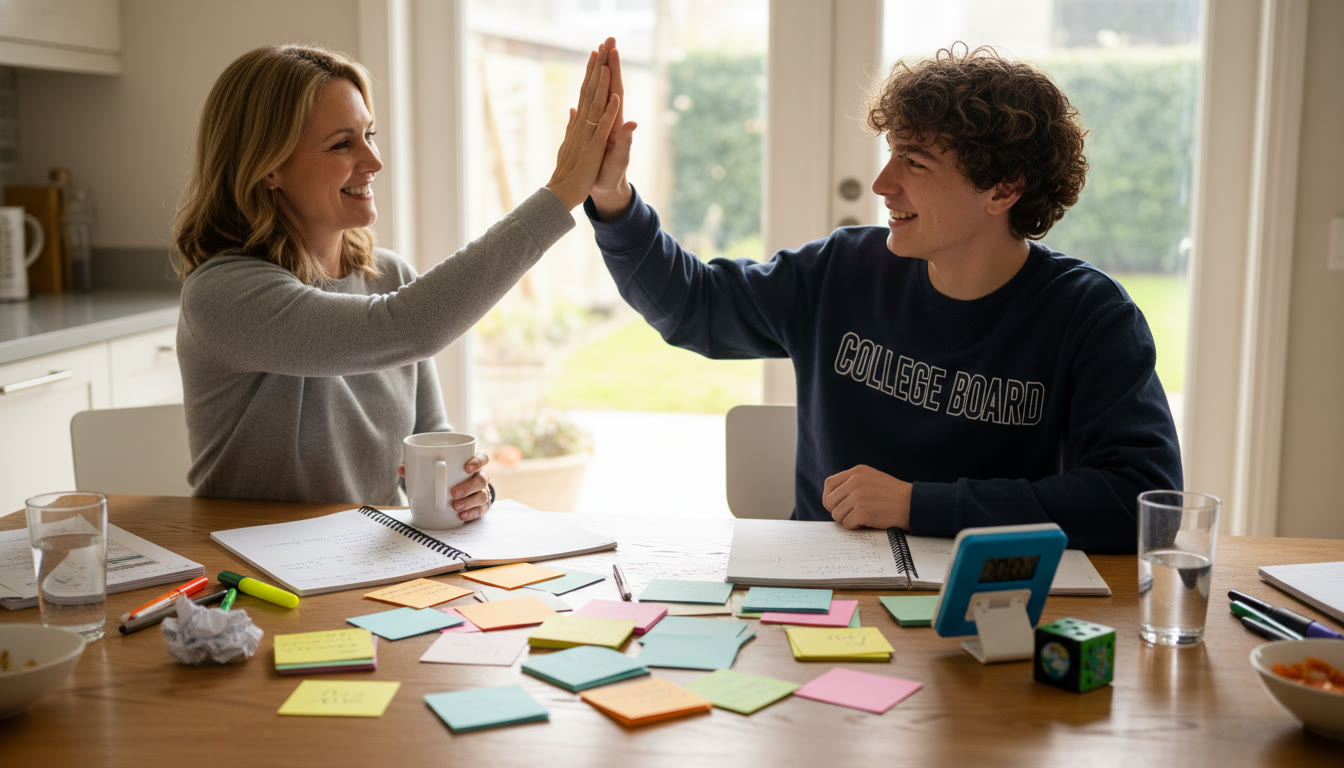 Photo Idea : A parent and teen high-fiving at a kitchen table after completing a study session. On the table are colorful notes, a timer, and a small sensory object. The mood is relaxed, proud, and collaborative.