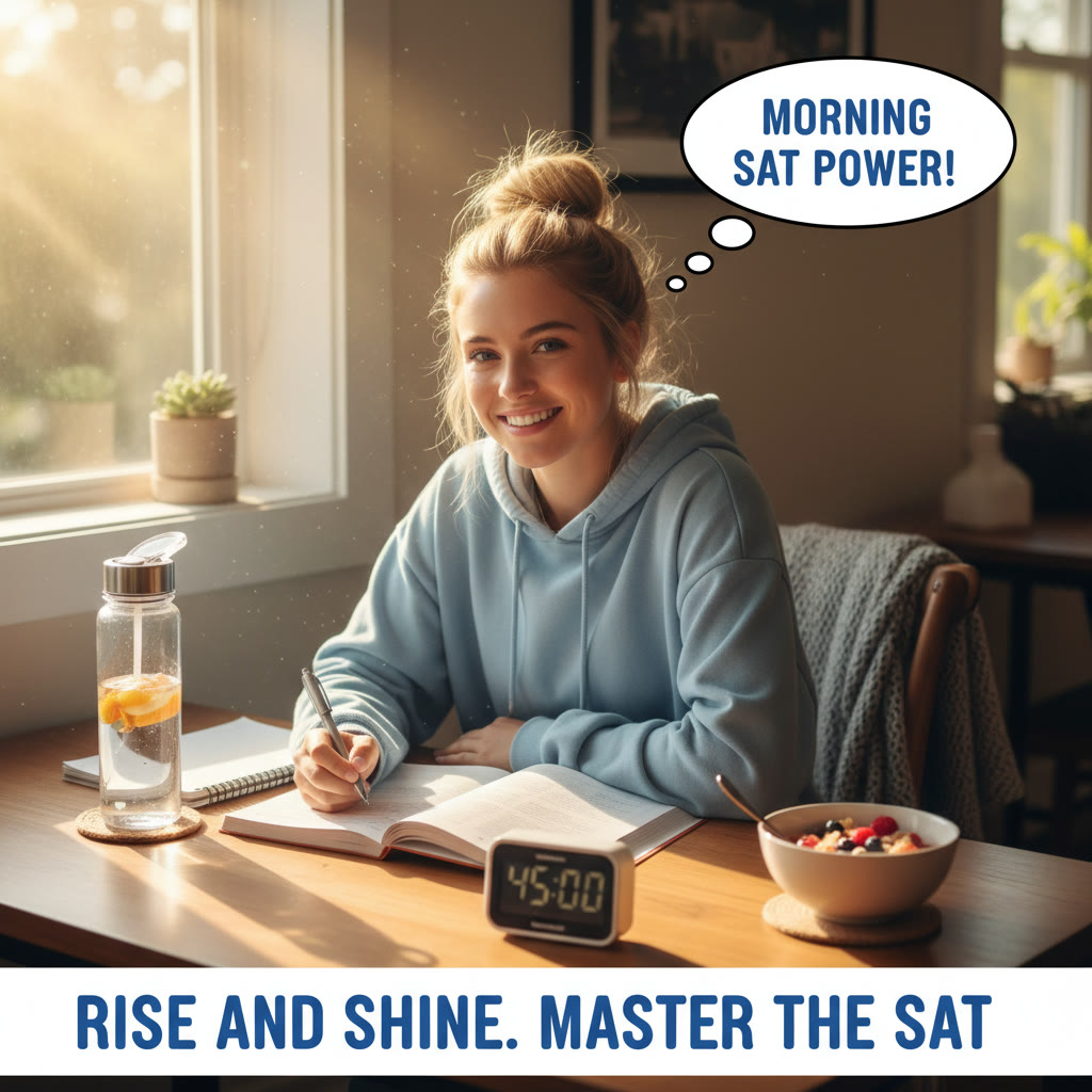 A student at a desk in the morning with sunlight through the window, a water bottle, and a timer—illustrating a morning study block aligned with a sleep routine.
