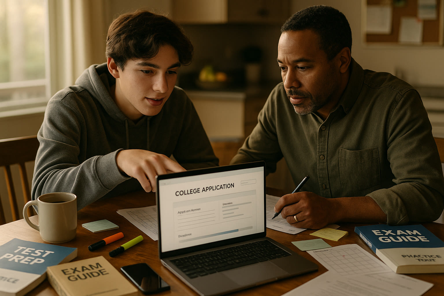 Photo Idea : A student and parent sitting at a kitchen table with a calendar, laptop open to a college application portal, and test prep books scattered around.