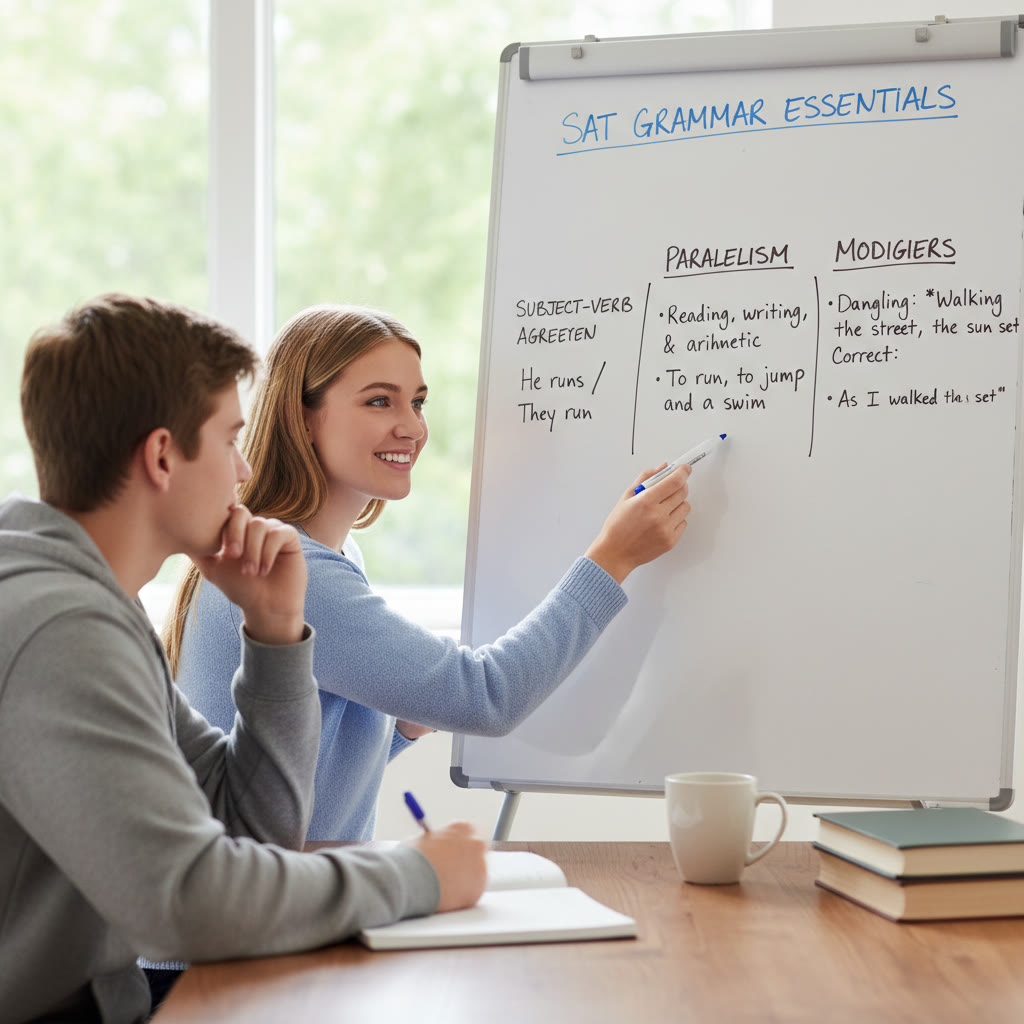 Whiteboard with key grammar rules written (subject-verb agreement, parallelism, modifiers) — suggests a tutor explaining rules during a one-on-one session.