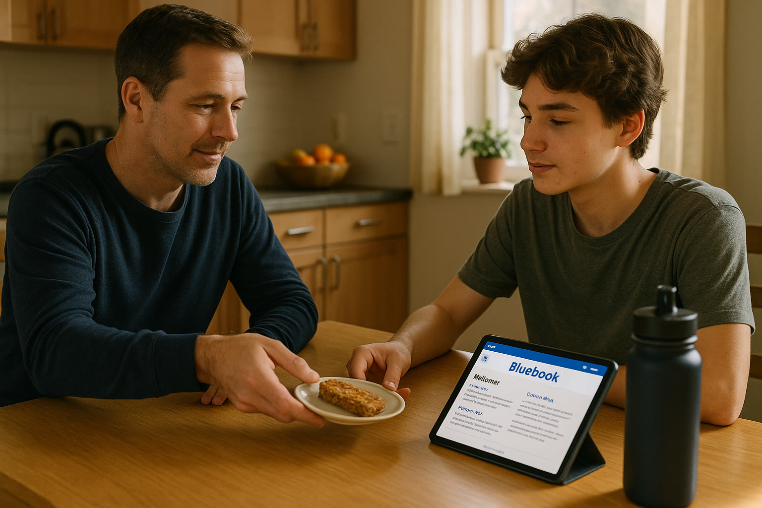 Photo Idea : A parent and teen at the kitchen table — the teen has a tablet with the Bluebook app open, a water bottle nearby, and the parent handing them a prepared snack. Natural morning light, calm expressions.