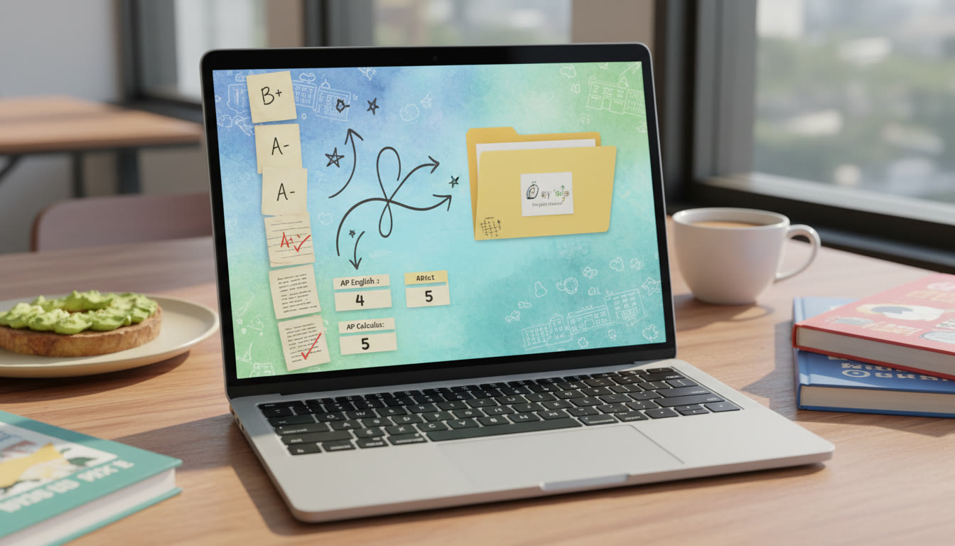 Photo Idea : A scrapbook-style digital folder open on a laptop screen, showing a timeline of graded essays and test score thumbnails — conveying growth over time.