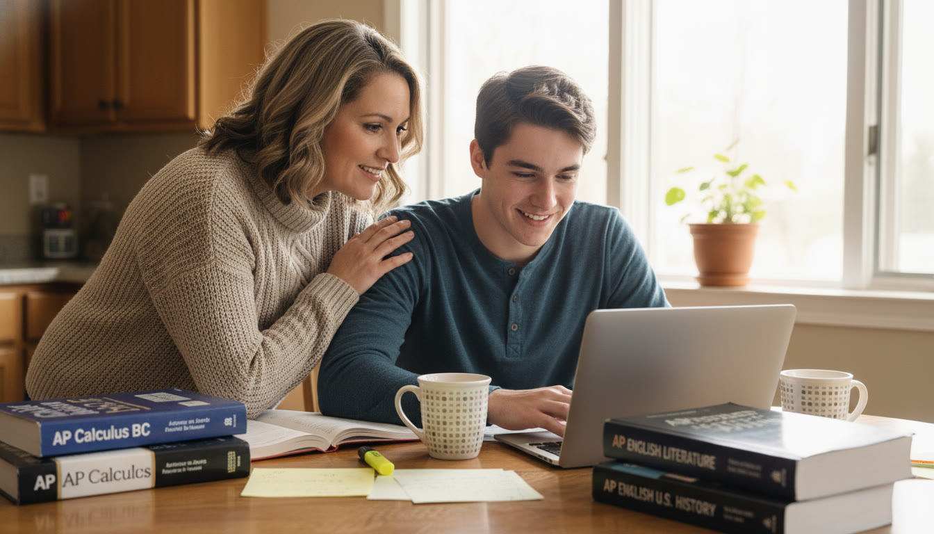 Photo Idea : A warm, candid photo of a parent and teenager sitting at a kitchen table with AP textbooks and a laptop, mid-conversation — comforting, not confrontational.