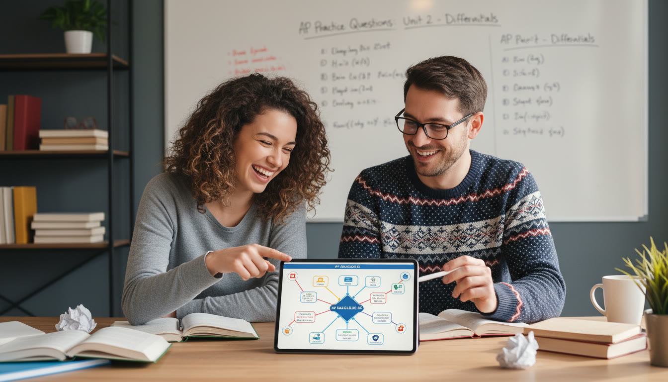 Photo Idea : A student and a tutor reviewing a digital mind map on a tablet, with notes and practice questions in the background — communicates collaboration and tailored guidance.