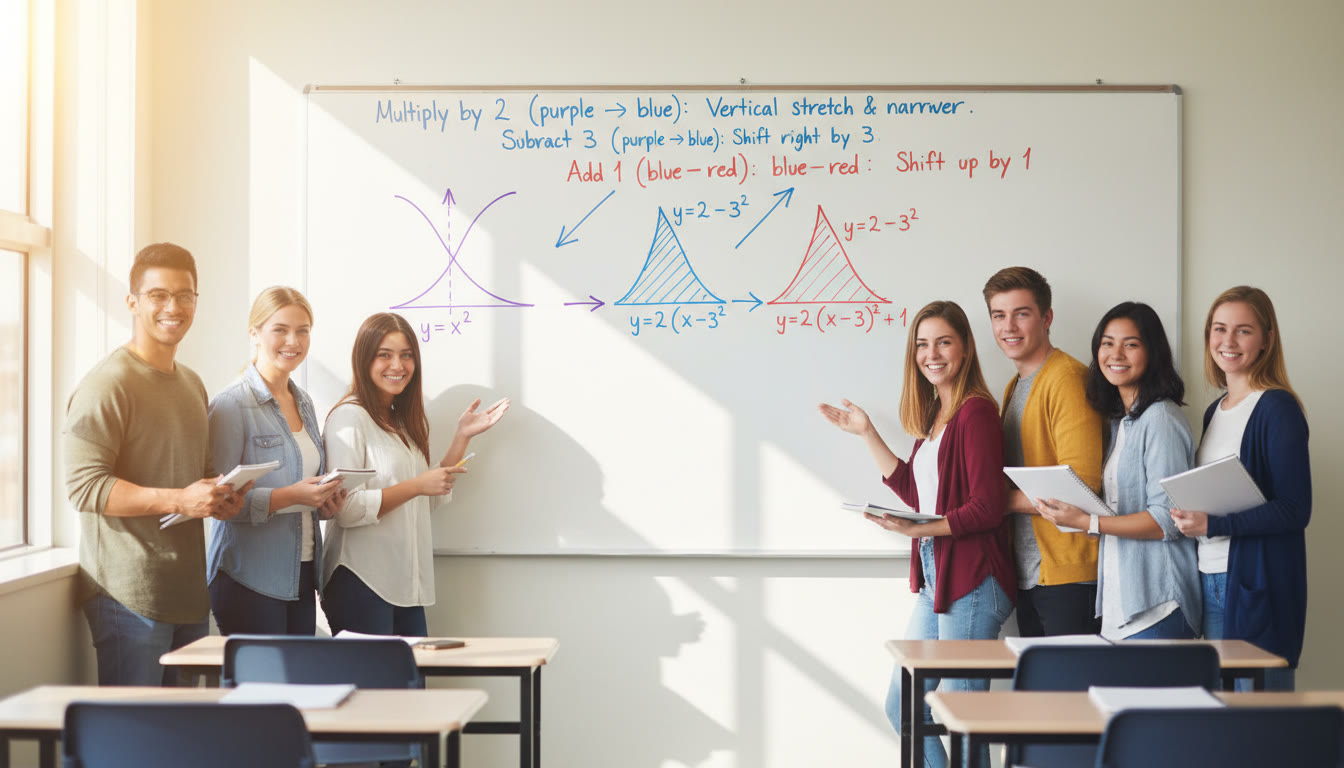 Photo Idea : A clean whiteboard image showing a parabola y=x^2 transformed step by step into y=2(x-3)^2+1 with arrows and color-coded annotations.