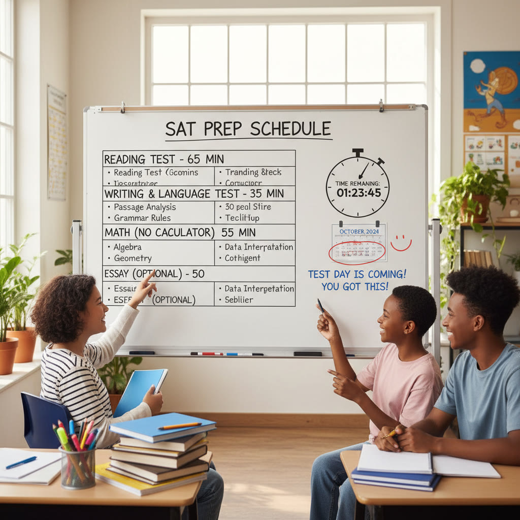 A whiteboard with an SAT practice test outline, timing markers, and a small calendar showing test day—conveys planning, organization, and focused preparation.