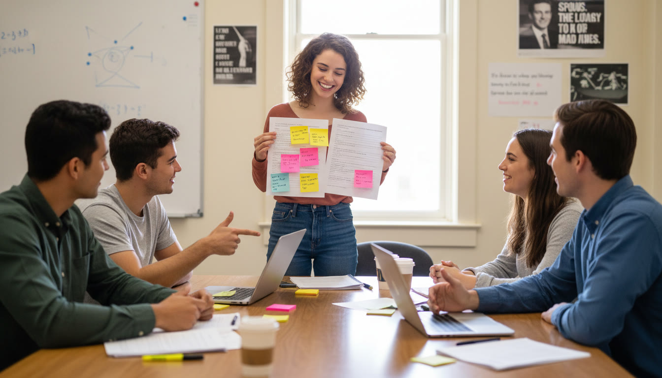 Photo Idea : A student presenting to a small group with printed copies of a paper and sticky-note comments visible — illustrates the final polish and peer-feedback integration stage.