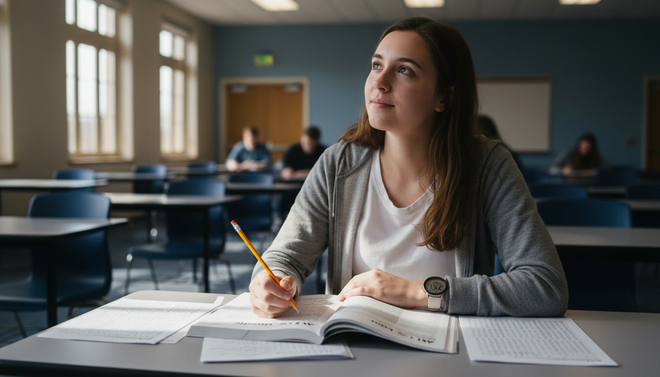 Photo Idea : A student at a desk in an exam room, mid-thought, with a watch showing remaining time and a pencil poised near a test booklet. Natural light, calm expression.