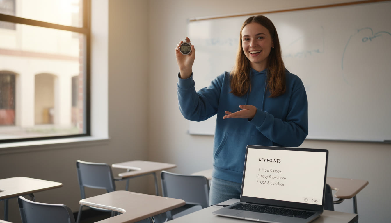 Photo Idea : A student practicing a presentation in a small classroom, stopwatch in hand, with a laptop showing minimal slides—captures the focus on timing and slide restraint.
