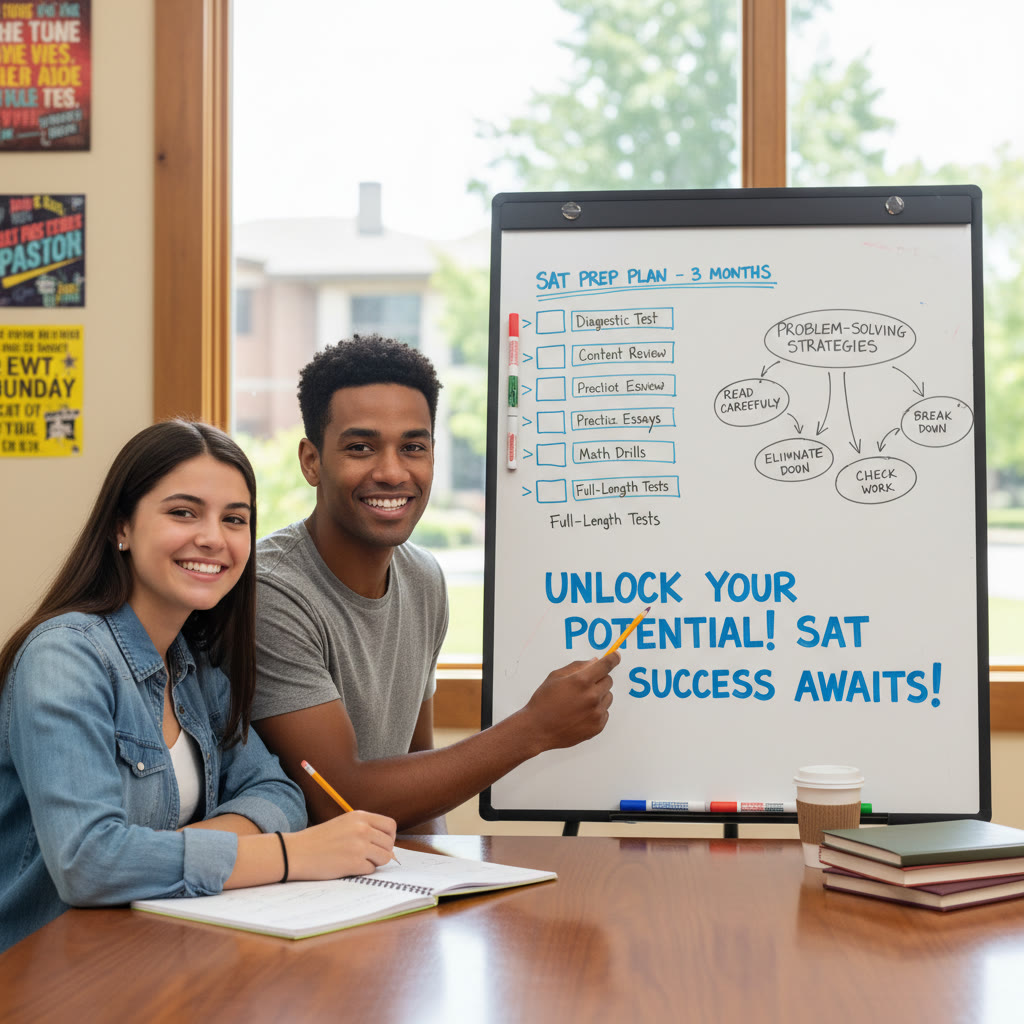 Student and tutor at a table, whiteboard with a timeline and problem-solving notes — suggests a focused, friendly 1-on-1 tutoring session