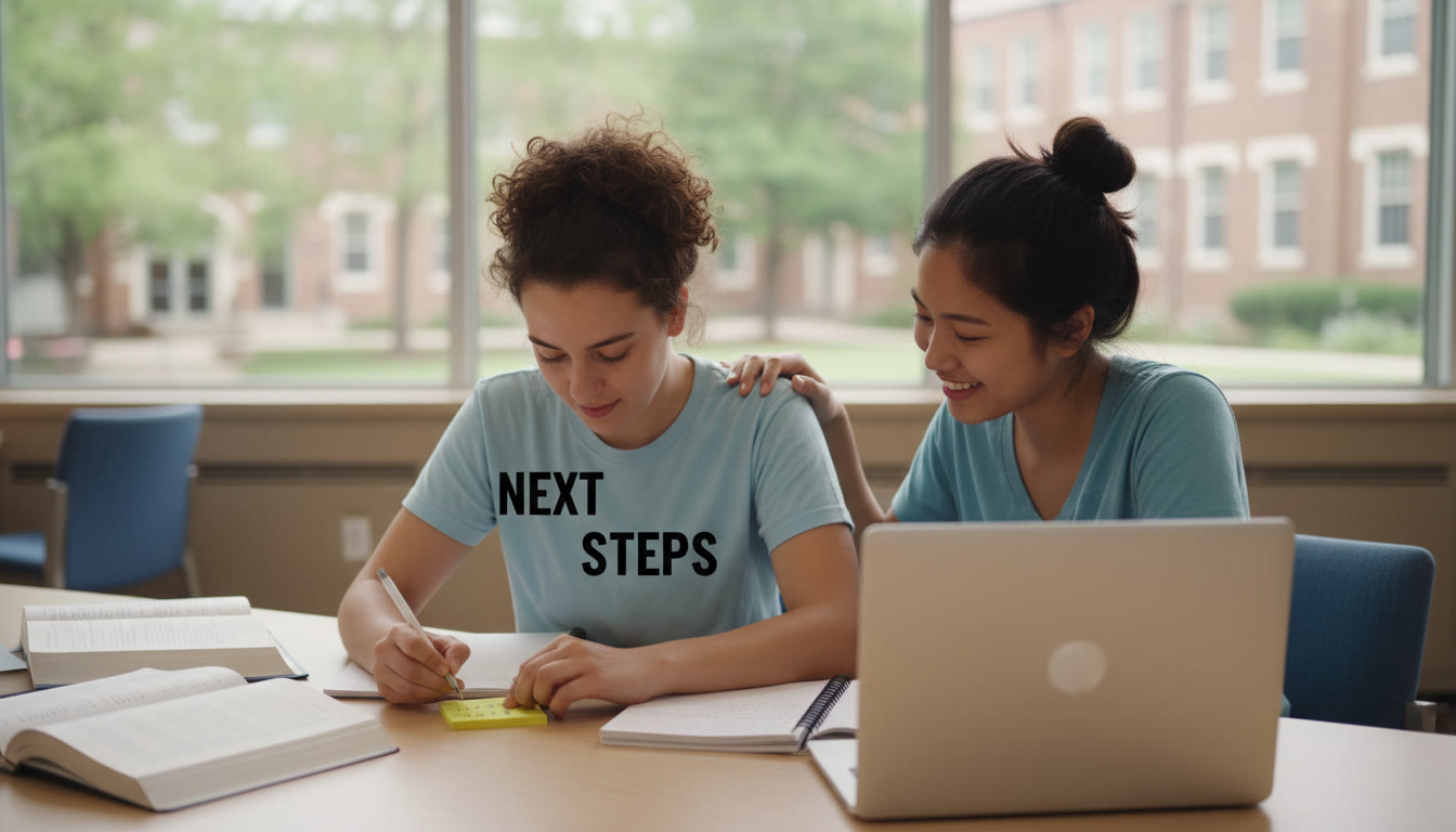 Photo Idea : A student sitting at a desk with notebooks and a laptop, writing a short plan on a sticky note titled 