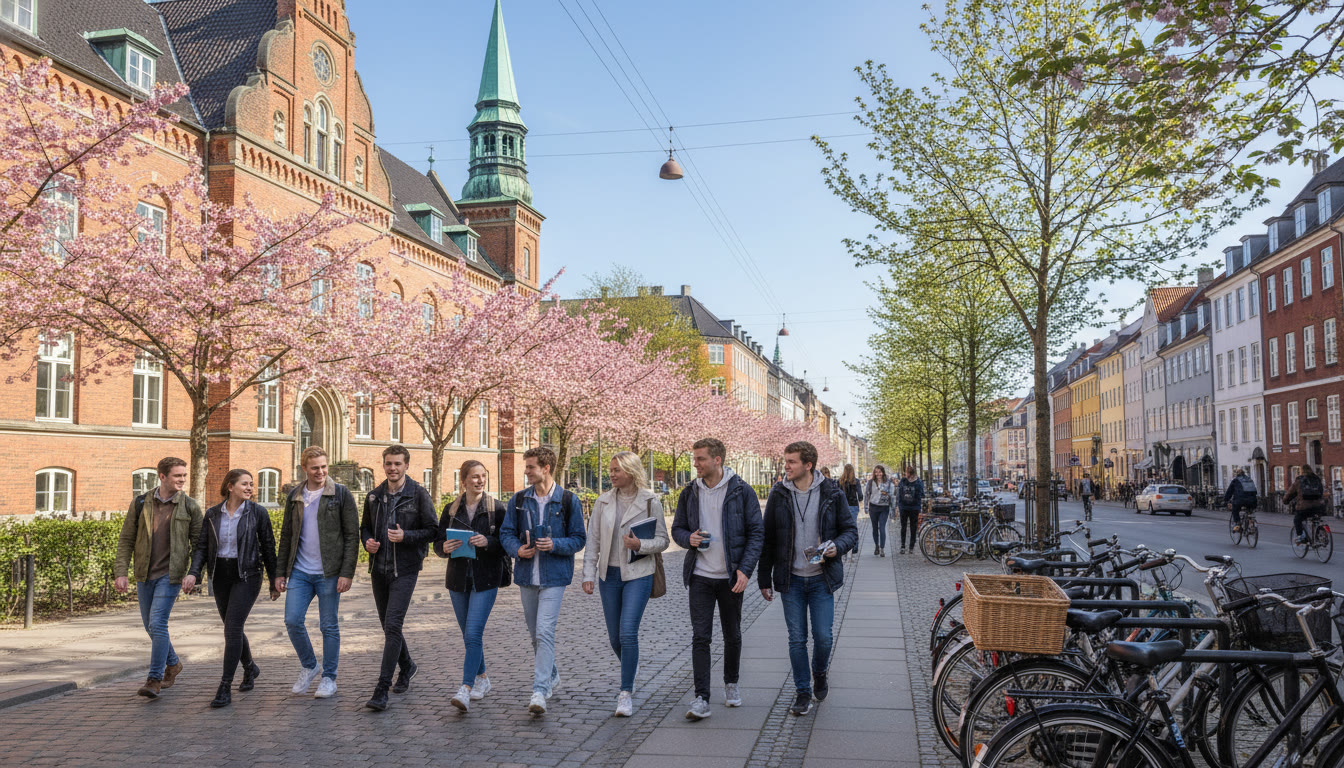 Photo Idea : A wide, sunlit shot of students walking by a historic university building in Copenhagen in spring, some carrying backpacks and chatting, with bicycles parked nearby — conveys accessibility and student life.