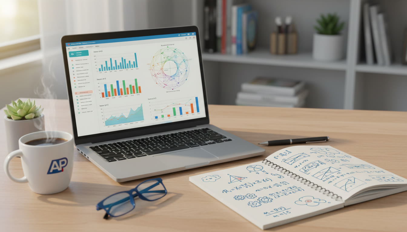 Photo Idea : A clean desktop workspace with a laptop showing a colorful data visualization dashboard, a notebook with hand-drawn equations, and a cup of coffee — conveys a harmonious blend of code, math, and human thinking.