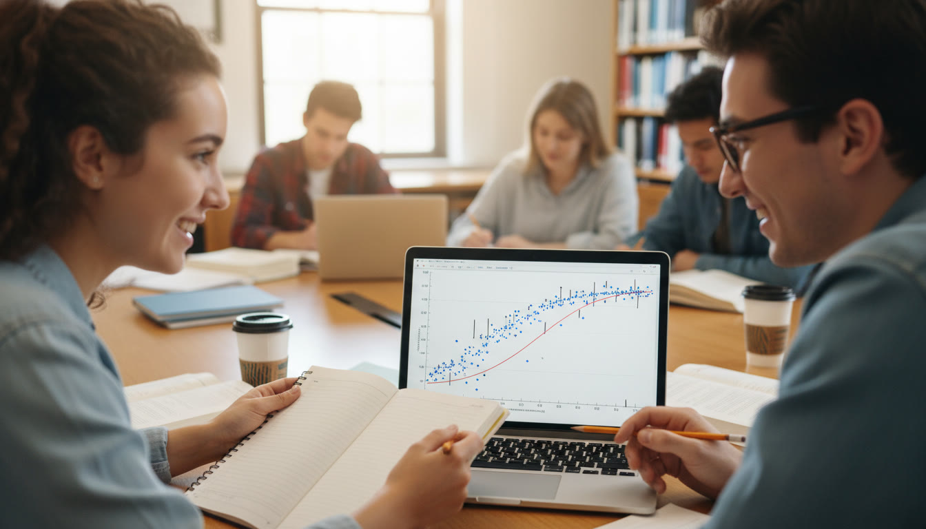 Photo Idea : A student plotting a graph on a laptop (scatter points with error bars visible) while holding a lab report; screen shows labeled axes and a fitted line—shot over the shoulder to show collaboration and focus.
