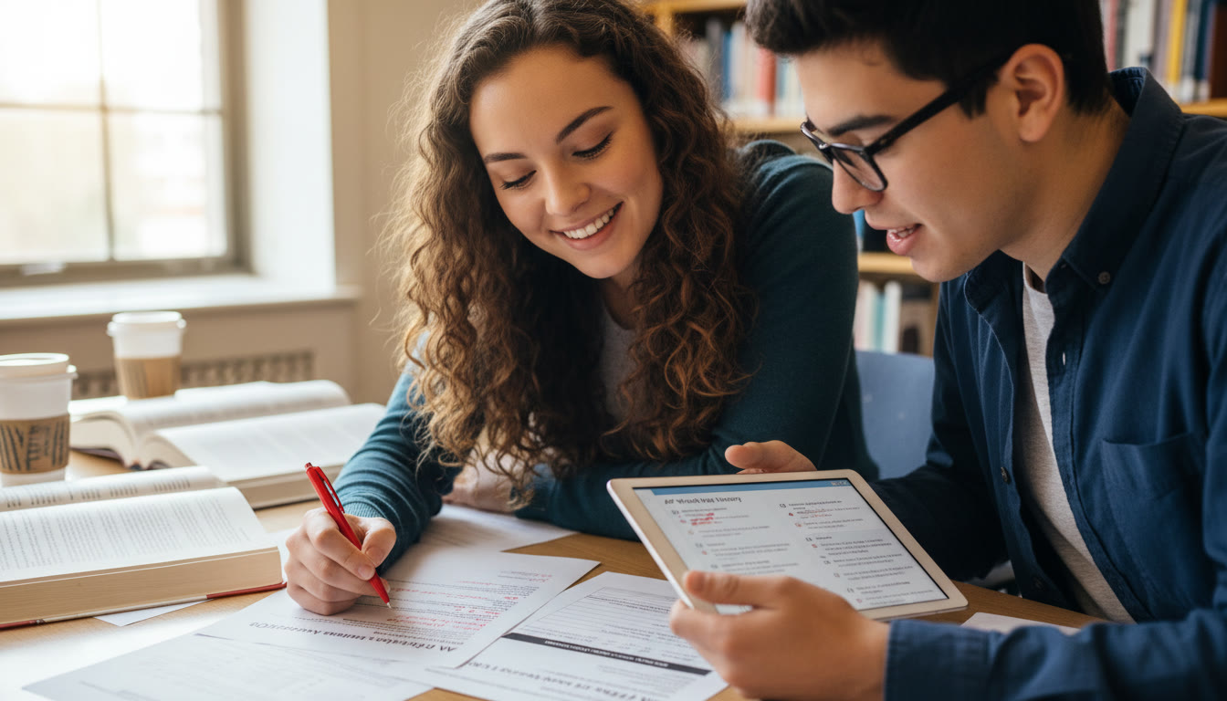 Photo Idea : A close-up of a tutor and student reviewing an FRQ, red pen, rubric sheet visible, and a tablet showing practice MCQs. The mood should convey collaboration and clarity.
