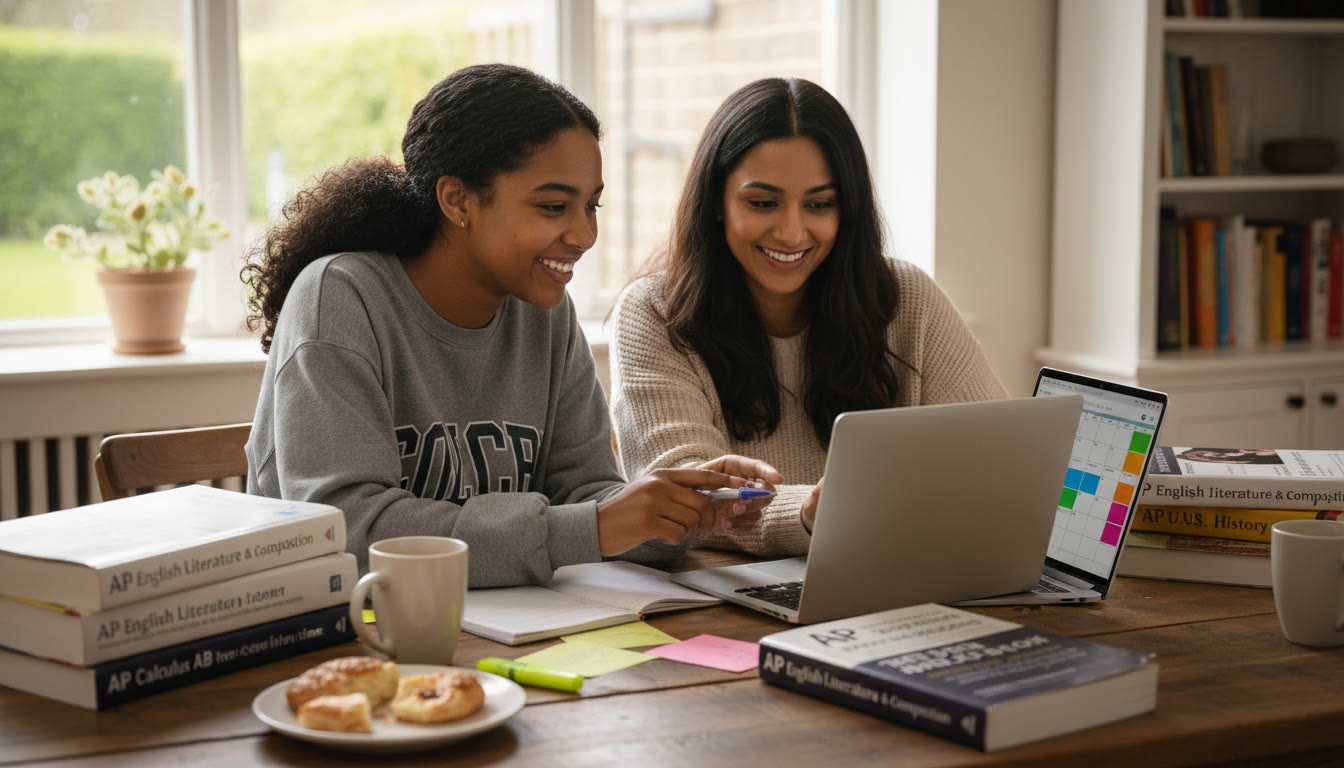 Photo Idea : A warm, candid shot of a parent and teen at a kitchen table with AP prep books and a laptop, smiling and planning a study schedule together — captures collaboration and calm.