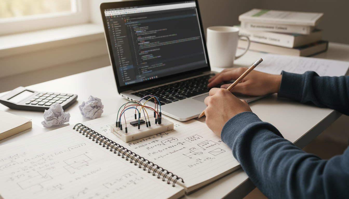 Photo Idea : A close-up of a notebook with equations, a small breadboard circuit, and a laptop showing a coding editor — a workspace that blends math, physics, and programming; natural light highlighting hands-on learning.