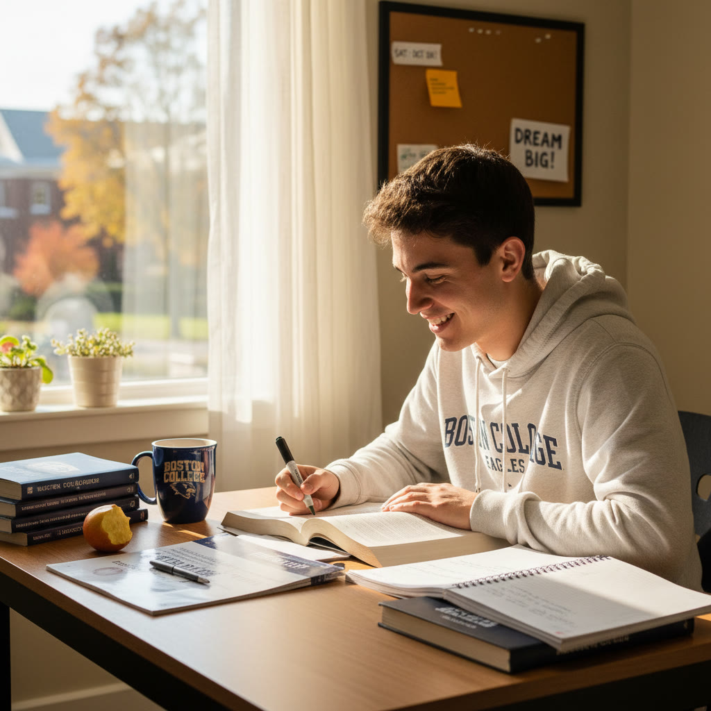 Photo Idea : A bright, candid photo of a student studying at a desk with Boston College swag (a notebook or mug) in the background, sunlight streaming through a window—captures focus and aspiration.