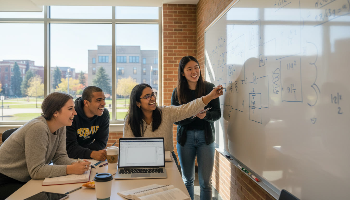 Photo Idea : A bright, energetic photo of first-year engineering students collaborating around a laptop and a whiteboard in a Purdue-like campus building (students of diverse backgrounds, sketches of circuits and calculus equations visible).